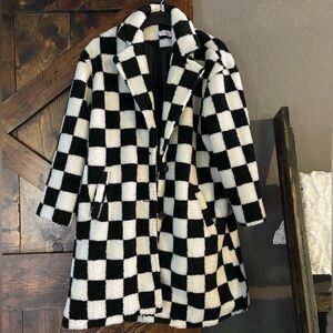 Pink Lily Black and White Sherpa Style Checkered Coat
